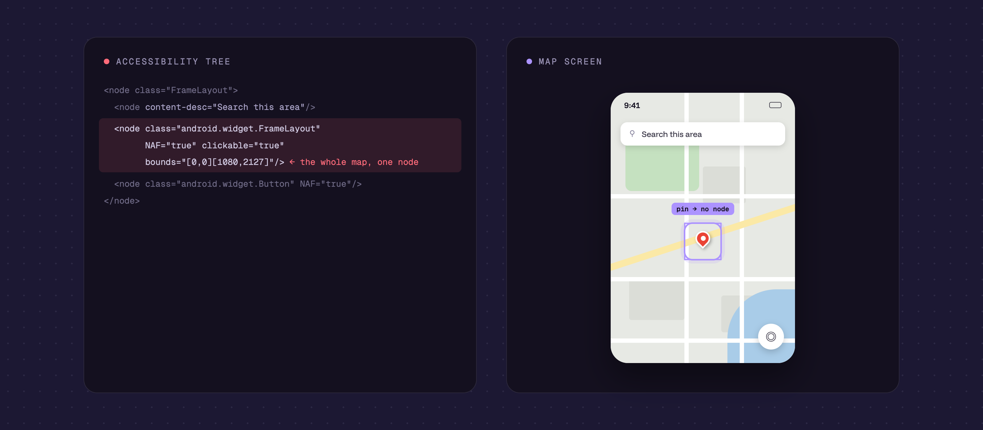 An example map screen and its accessibility tree