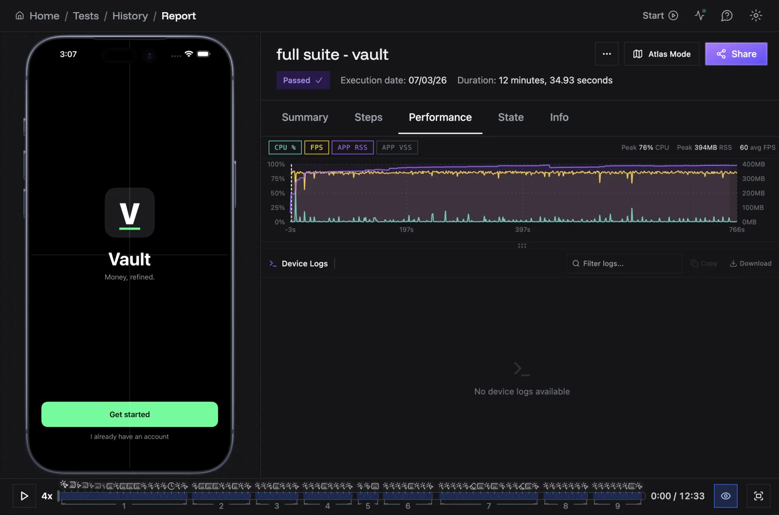 A passed Revyl test report with mobile evidence and performance data