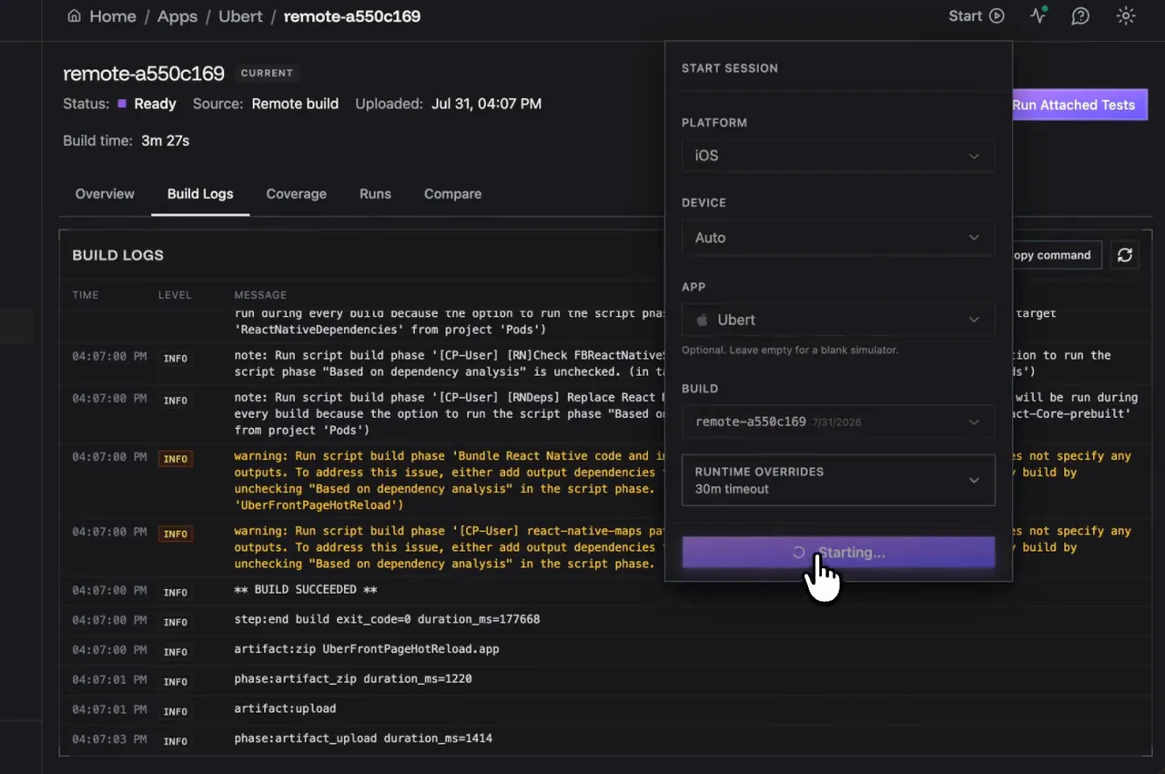 A successful cloud build ready to launch on a mobile device